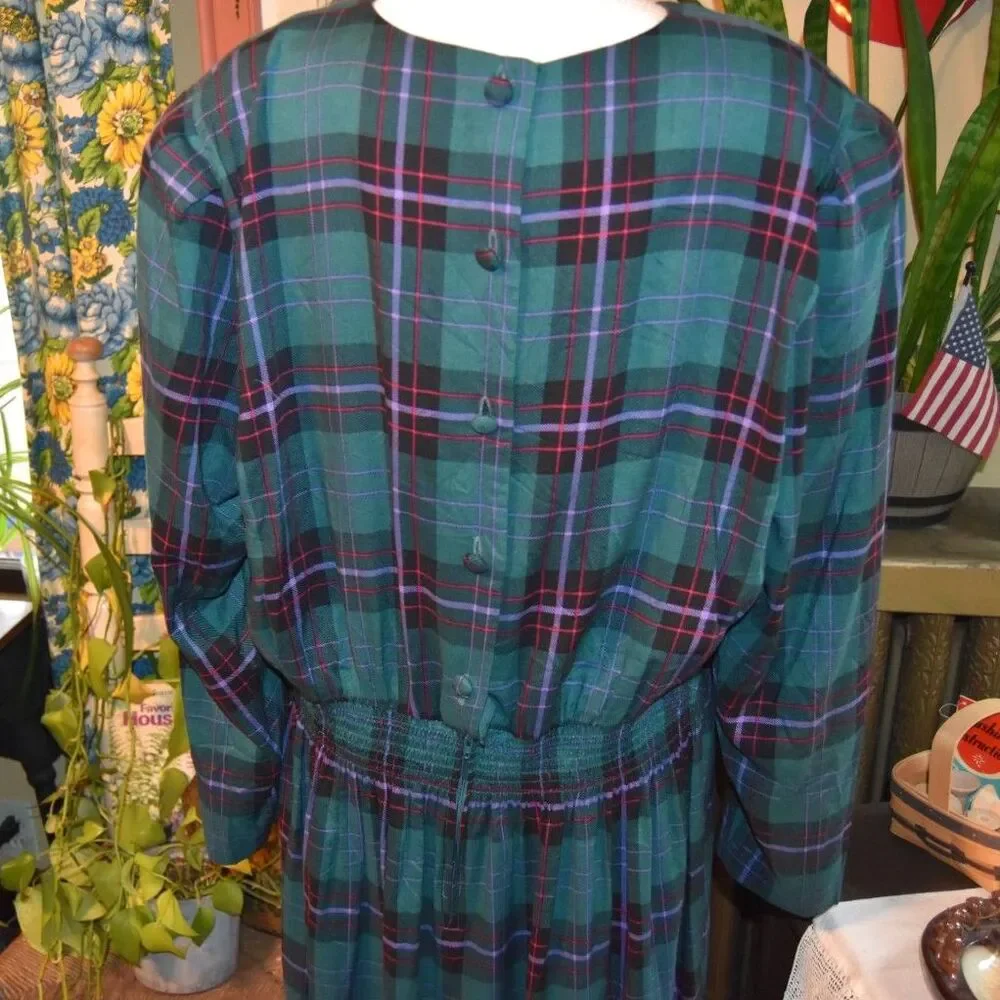 Vintage 90s Karin Stevens KSL Plaid Midi Dress Drop Waist Pleated 1X